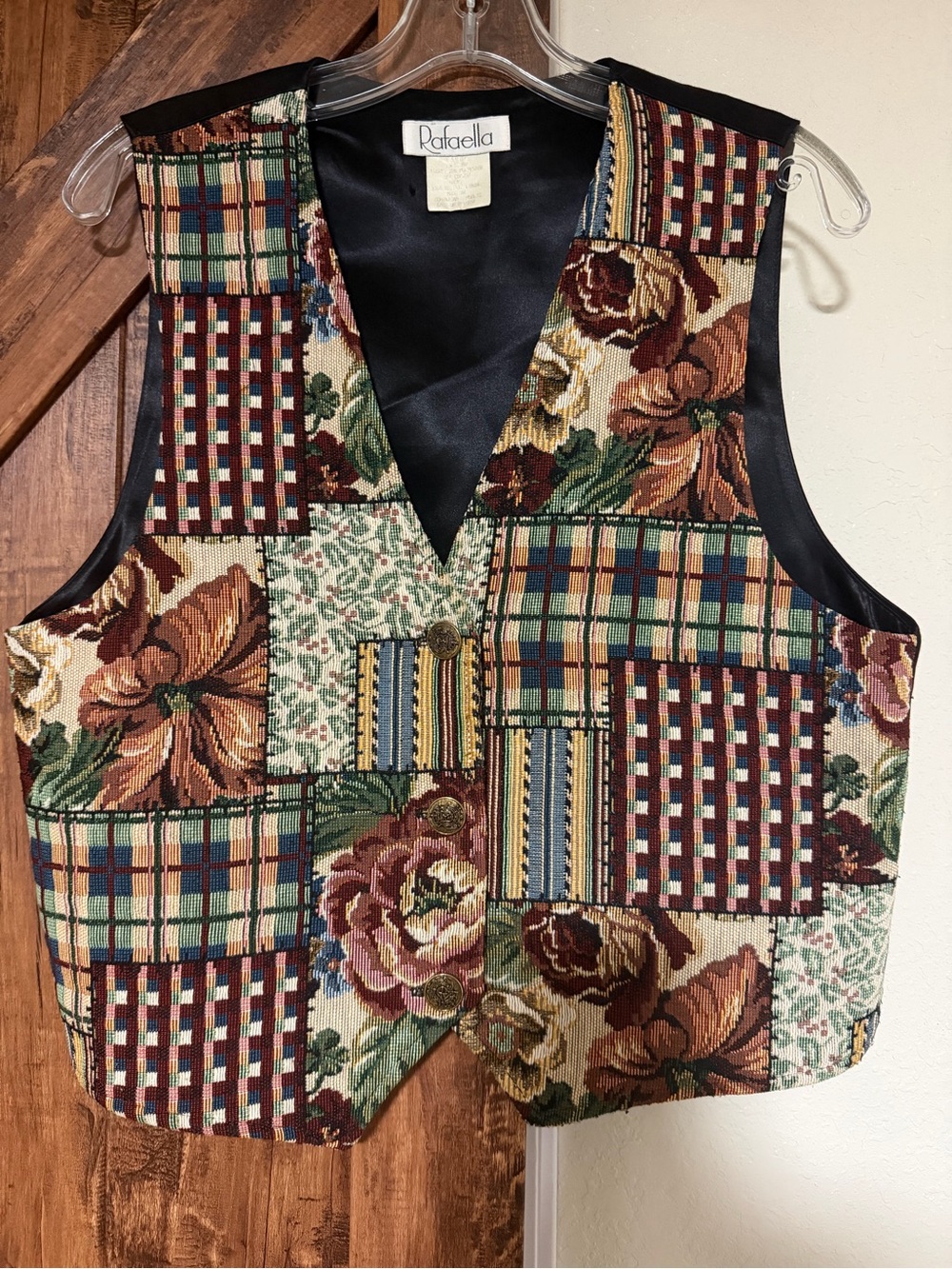 Vintage 90’s Rafaella Women Tapestry Patchwork Vest - Multi Floral & Plaid Large
